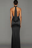 Black Cowl Neck Mermaid Satin Long Backless Formal Dress with Slit