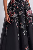Black Sparkly Floral A Line Beaded Maxi Prom Dress with Sequins