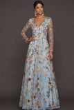 Mauve Floral A Line Embroidered Maxi Prom Dress with Sleeves