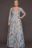 Plus Size Mauve Floral A Line Embroidered Long Sleeves Prom Dress