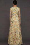 Mauve Floral A Line Embroidered Maxi Prom Dress with Sleeves