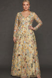 Plus Size Mauve Floral A Line Embroidered Long Sleeves Prom Dress