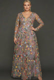 Plus Size Mauve Floral A Line Embroidered Long Sleeves Prom Dress