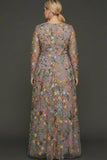 Plus Size Mauve Floral A Line Embroidered Long Sleeves Prom Dress