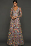 Mauve Floral A Line Embroidered Maxi Prom Dress with Sleeves