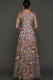 Mauve Floral A Line Embroidered Maxi Prom Dress with Sleeves