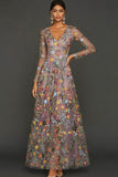 Mauve Floral A Line Embroidered Maxi Prom Dress with Sleeves