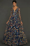 Mauve Floral A Line Embroidered Maxi Prom Dress with Sleeves
