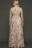 Plus Size Mauve Floral A Line Embroidered Long Sleeves Prom Dress