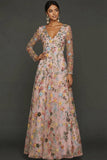 Mauve Floral A Line Embroidered Maxi Prom Dress with Sleeves