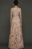 Mauve Floral A Line Embroidered Maxi Prom Dress with Sleeves