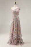 Floral Mauve One Shoulder A Line Long Prom Dress with Slit