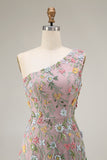 Floral Mauve One Shoulder A Line Embroidered Long Prom Dress with Slit