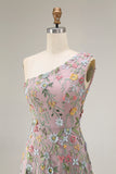 Floral Mauve One Shoulder A Line Embroidered Long Prom Dress with Slit