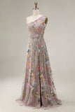 Floral Mauve One Shoulder A Line Embroidered Long Prom Dress with Slit