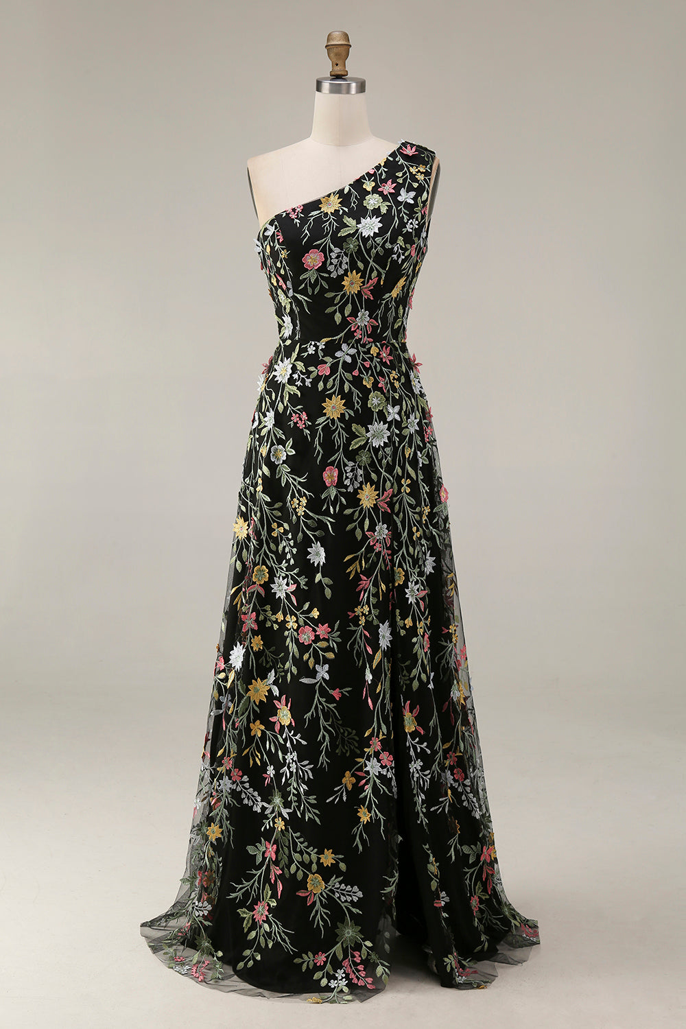 Floral Mauve One Shoulder A Line Long Prom Dress with Slit Floral Mauve One Shoulder A Line Long Prom Dress with Slit
