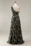 Floral Mauve One Shoulder A Line Long Prom Dress with Slit