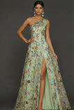 Floral Mauve One Shoulder A Line Long Prom Dress with Slit
