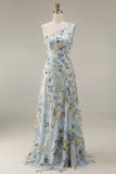 Floral Mauve One Shoulder A Line Long Prom Dress with Slit