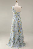 Floral Mauve One Shoulder A Line Long Prom Dress with Slit