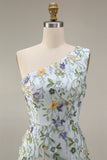 Floral Mauve One Shoulder A Line Long Prom Dress with Slit