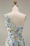 Floral Mauve One Shoulder A Line Long Prom Dress with Slit