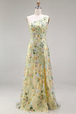 Floral Mauve One Shoulder A Line Long Prom Dress with Slit