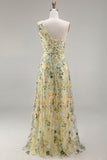 Floral Mauve One Shoulder A Line Long Prom Dress with Slit
