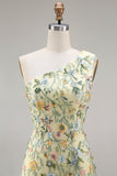 Floral Mauve One Shoulder A Line Long Prom Dress with Slit