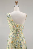 Floral Mauve One Shoulder A Line Long Prom Dress with Slit