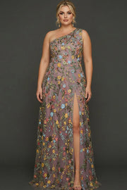 Plus Size Floral Mauve One Shoulder A Line Long Prom Dress with Embroidery