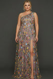 Plus Size Floral Mauve One Shoulder A Line Long Prom Dress with Embroidery