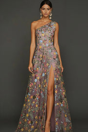 Floral Mauve One Shoulder A Line Long Prom Dress with Slit