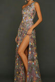 Floral Mauve One Shoulder A Line Long Prom Dress with Slit