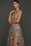 Floral Mauve One Shoulder A Line Long Prom Dress with Slit