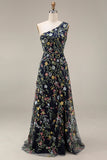 Floral Mauve One Shoulder A Line Long Prom Dress with Slit