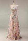 Floral Mauve One Shoulder A Line Long Prom Dress with Slit