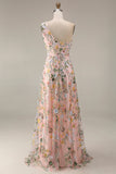 Floral Mauve One Shoulder A Line Long Prom Dress with Slit