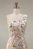 Floral Mauve One Shoulder A Line Long Prom Dress with Slit