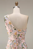 Floral Mauve One Shoulder A Line Long Prom Dress with Slit