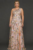 Plus Size Floral Mauve One Shoulder A Line Long Prom Dress with Embroidery