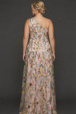 Plus Size Floral Mauve One Shoulder A Line Long Prom Dress with Embroidery