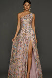Floral Mauve One Shoulder A Line Long Prom Dress with Slit