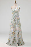 Floral Mauve One Shoulder A Line Long Prom Dress with Slit