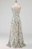 Floral Mauve One Shoulder A Line Long Prom Dress with Slit