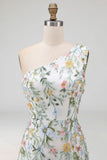 Floral Mauve One Shoulder A Line Long Prom Dress with Slit