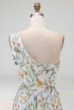 Floral Mauve One Shoulder A Line Long Prom Dress with Slit