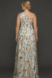 Plus Size Floral Mauve One Shoulder A Line Long Prom Dress with Embroidery