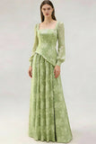 Floral Light Green Square Neck Maxi Bridesmaid Dress with Sleeves