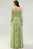 Floral Light Green Square Neck Maxi Bridesmaid Dress with Sleeves